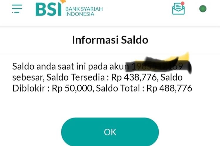 Tampilan BSI mobile yang memperlihatkan dana diblokir, Rabu (17/5/2023)