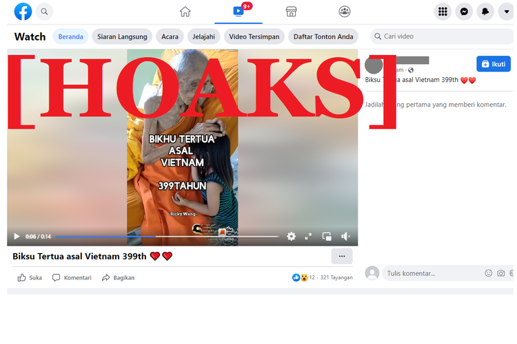 Tangkapan layar unggahan hoaks di sebuah akun Facebook, yang menyebut pria tertua berusia 399 tahun asal Vietnam.