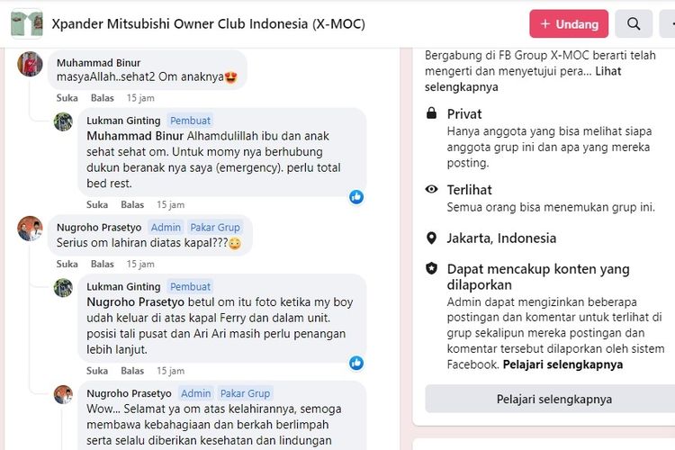 Kolom komentar posting Lukman Ginting di Grup Facebook Xpander Mitsubishi Owner Club Indonesia (X-MOC).
