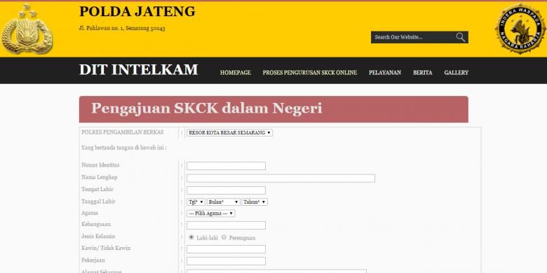 Website layanan permohonan pembuatan SKCK di Polda Jawa Tengah.