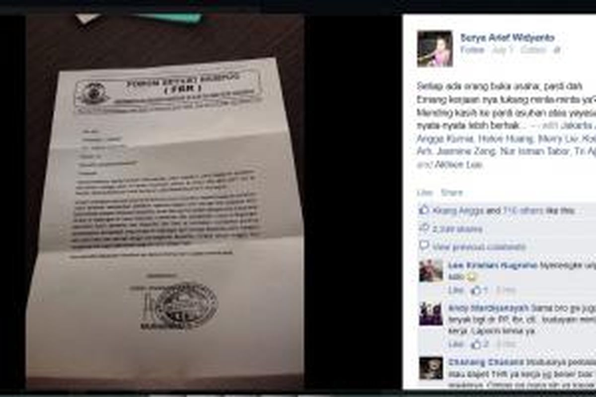 Surat edaran permintaan THR oleh ormas yang beredar di media sosial.