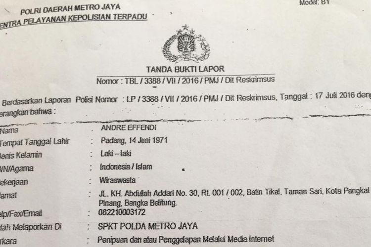 Laporan polisi korban investasi bitcoin di Bangka.