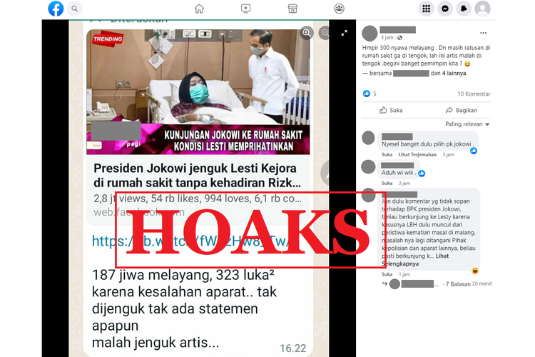 Tangkapan layar unggahan dengan narasi hoaks di sebuah akun Facebook, Selasa (4/10/2022), mengenai Jokowi menjenguk Lesti Kejora di rumah sakit.