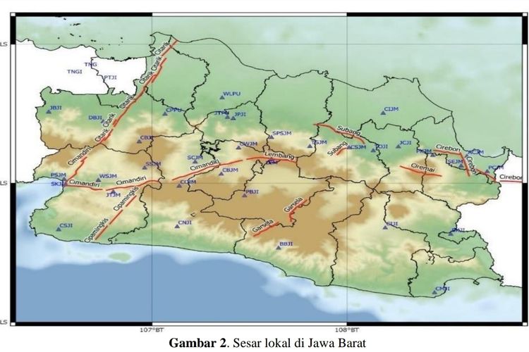 Peta Sesar Aktif di Jawa Barat dalam Kajian Seismisitas Bulanan Stasiun Geofisika Kelas I Bandung April 2022.
