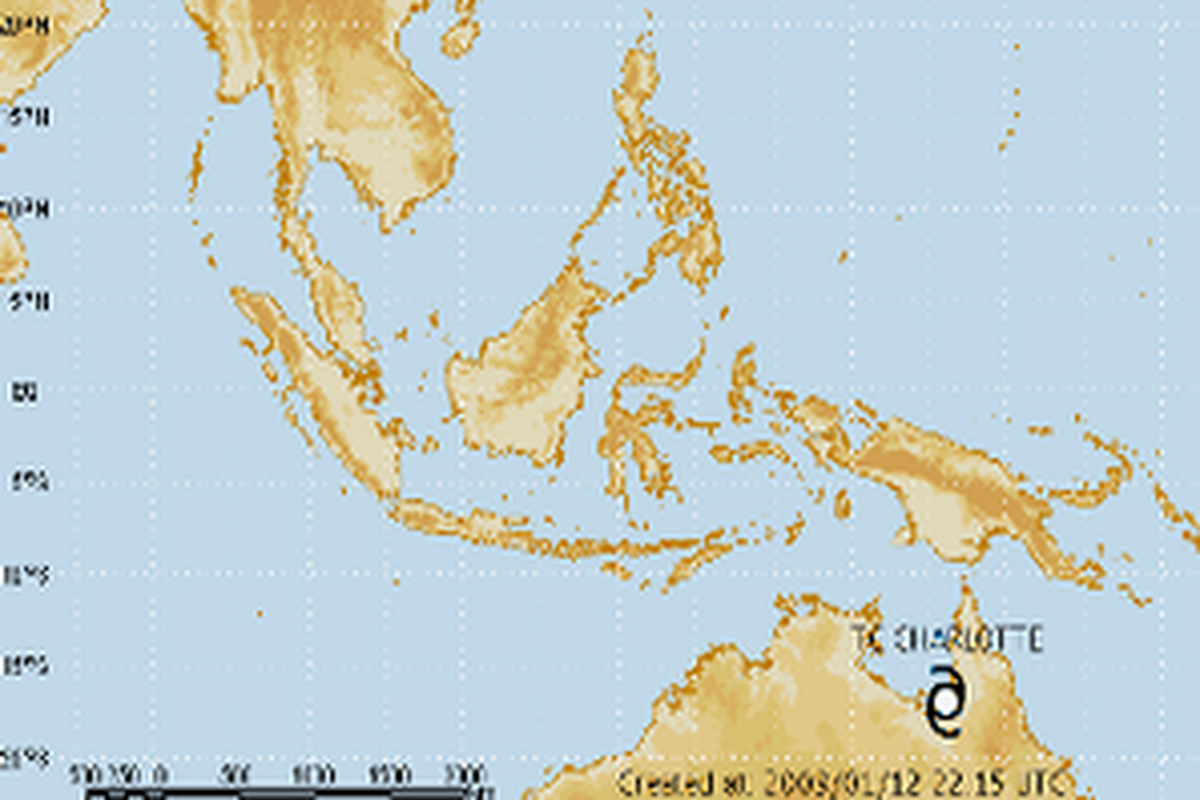 Posisi badai Charlotte pada 13 Januari 2009 pukul 5.15 WIB. Informasi realtime perjalanan badai ini dapat diakses di http://maritim.bmg.go.id/cyclones/
