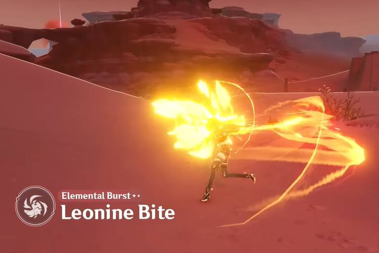 Ilustrasi kemampuan Elemental Burst Leonine Bite Dehya di Genshin Impact 3.5.