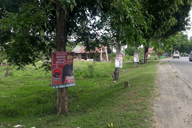 Poster Jokowi mengenakan pakaian adat Sulawesi Selatan yang dipasang di pohon-pohon di sepanjang jalan protokol dalam kota Palopo, Minggu (18/11/2018)