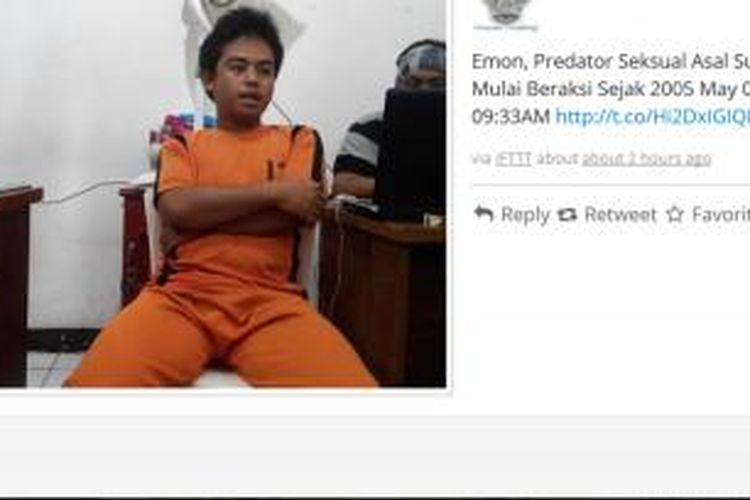 Foto Andri Sobari alias Emon (24), pelaku tindak kekerasan seksual kepada puluhan anak di wilayah Sukabumi dan sekitarnya, beredar melalui jejaring sosial Twitter.