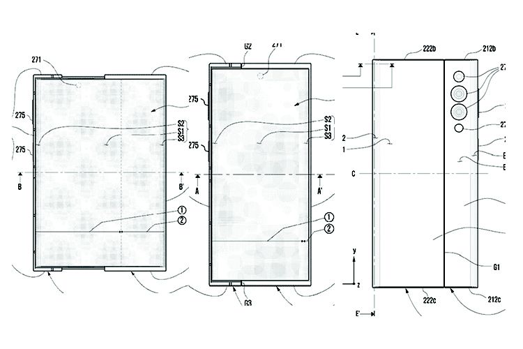 Paten kedua dari desain ponsel layar gulung milik Samsung, terdiri dari layar lebar yang sudah ditarik (tengah), layar baian depan (tengah), dan layar bagian belakang (kanan) (Sumber: Phone Arena)