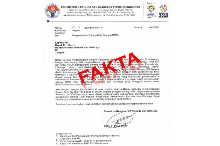 Surat Kementerian Pemuda dan Olahraga tentang pengembalian Barang Milik Negara yang ditujukan kepada Mantan Menpora, Roy Suryo.