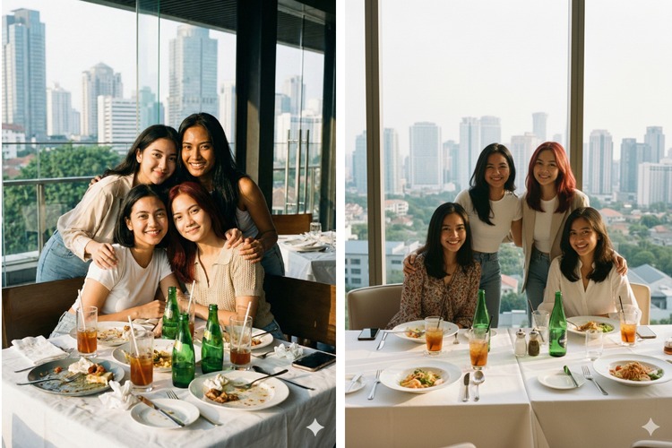 Perbandingan foto grup Nano Banana Pro (kiri) dan Nano Banana (kanan).