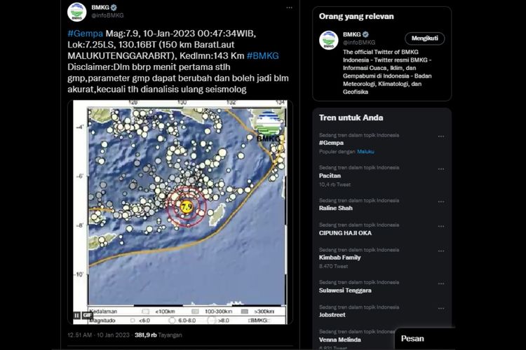 Hari Selasa 10 Januari 2023 pukul 00.47.34 WIB wilayah Pantai Utara Maluku Barat Daya, Maluku diguncang gempa bumi tektonik. Gempa Maluku akibat subduksi Laut Banda.