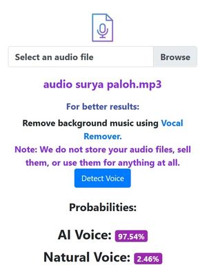 Tangkapan layar pengecekan AI Voice Detector suara Surya Paloh

