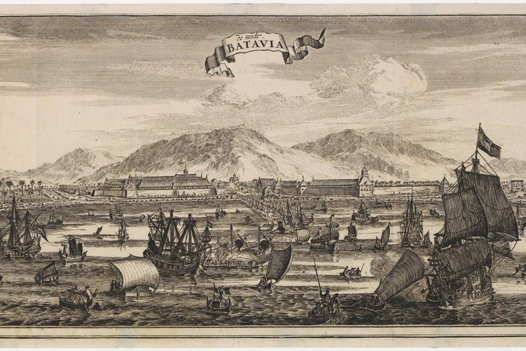 Ilustrasi Kastil Batavia dan pelabuhan Sunda Kelapa menurut lukisan di buku keluaran Wouter Schouten tahun 1676