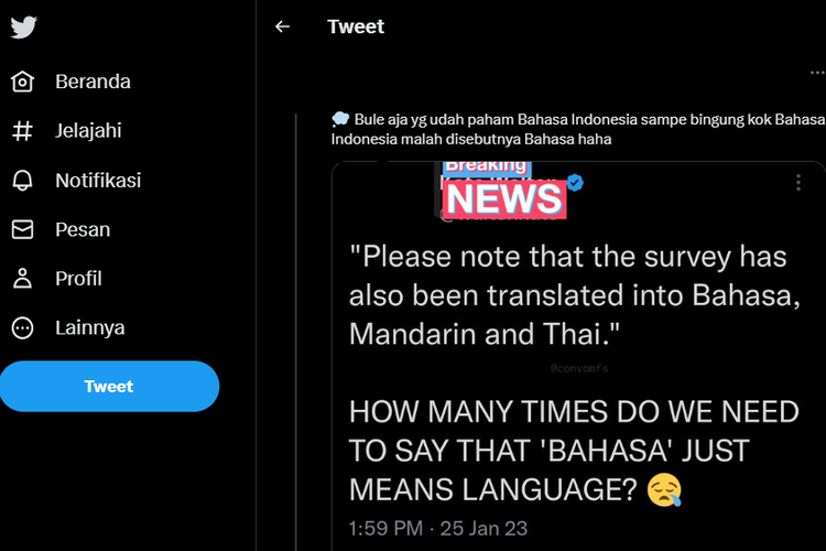 Tangkap layar unggahan yang menyebut penggunaan istilah 'bahasa' bukan sebagai nama untuk bahasa Indonesia