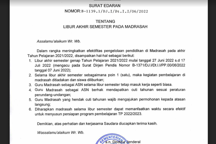 Surat Edaran Ditjen Pendidikan Islam Kemenag RI soal guru madrasah tidak libur selama libur semester. 