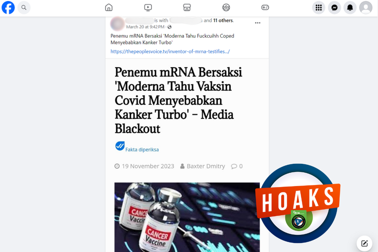 Tangkapan layar konten hoaks di sebuah akun Facebook, Rabu (20/3/2024), soal penemu mRNA bersaksi soal vaksin Covid-19 menyebabkan kanker turbo.