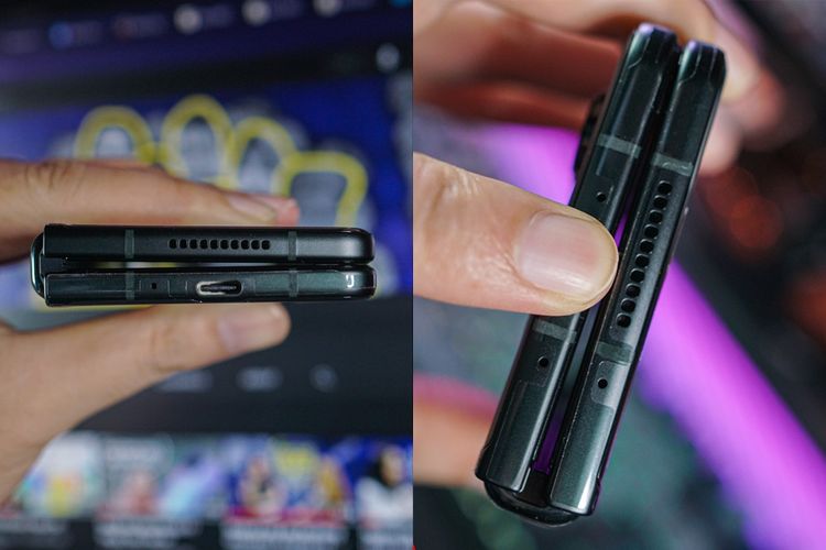 Galaxy Z Fold 3 meyisakan sedikit celah di tengah saat dilipat. Tujuannya agar debu atau benda lain tidak terjepit sehingga menggores layar. Perangkat ini memiiliki konektor USB tipe C dan speasang speaker yang berada di sisi kiri dan kanan saat perangkat dibentangkan. 
