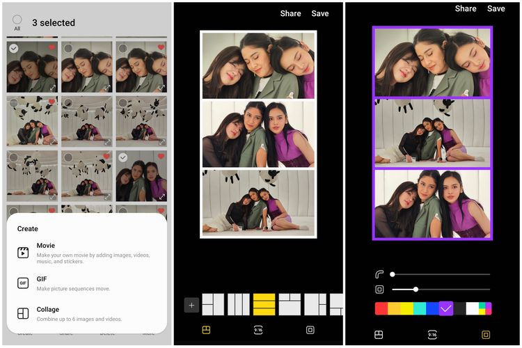 Fitur Create opsi Collage di galeri HP Samsung bisa collage foto secara instan.