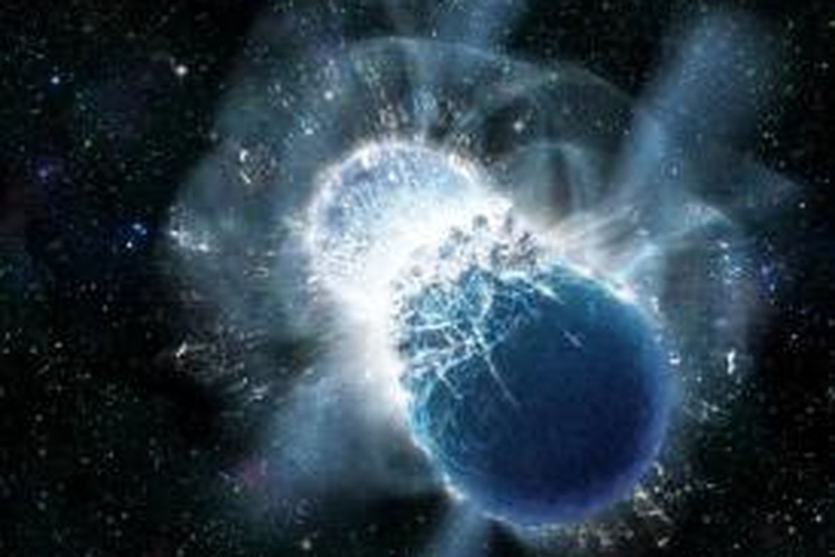 Ilustrasi tumbukan bintang neutron. Astronom mengatakan, tumbukan bintang neutron itulah yang membuat Bumi sekarang punya emas. 