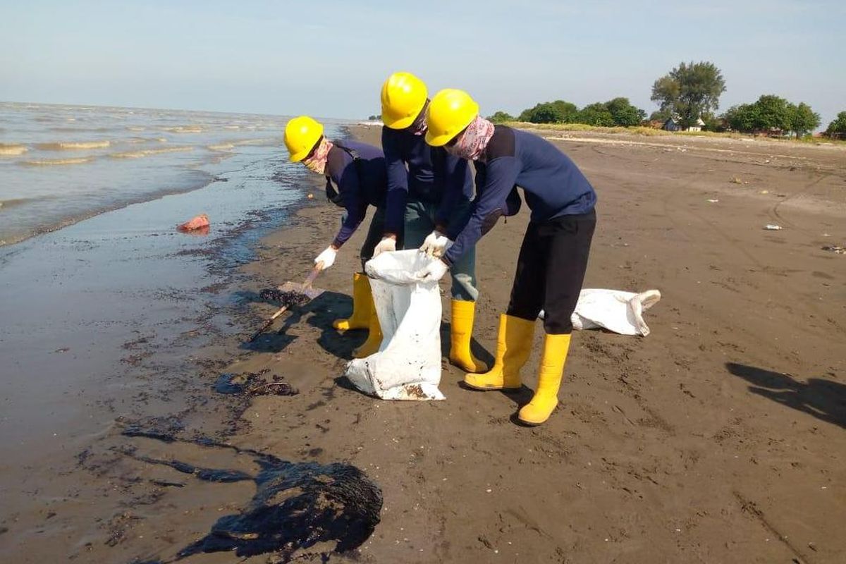 Pantai di sekitar perairan Karawang, Jawa Barat, kotor berhari-hari akibat bocornya pipa Pertamina yang membuat minyak tumpah ke laut.