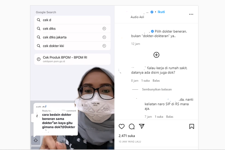 Tangkapan layar video yang menampilkan pertanyaan bagaimana cara membedakan dokter beneran dengan dokter-dokteran beredar di media sosial pada Jumat, 15 Juli 2022.