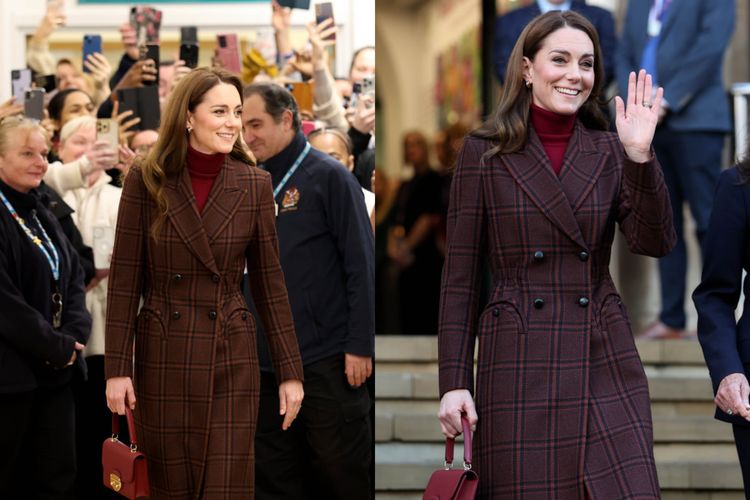 Kate Middleton menggunakan mantel tartan coklat dari Blaze Milano saat mengunjungi The Royal Marsden Hospital pada Januari 2025.
