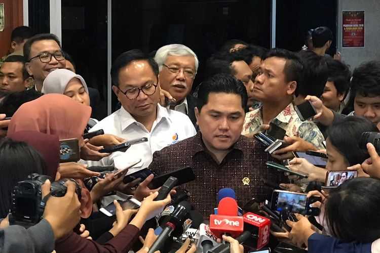 A file photo of State-Owned Enterprises Minister Erick Thohir speaking to reporters at the parliament building dated January 29, 2020. 