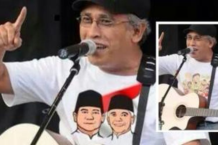 Hasil manipulasi foto dengan bantuan teknologi digital membuat Iwan Fals terlihat mengenakan t-shirt bergambar pasangan calon presiden Prabowo Subianto dan calon wakil presiden Hatta Rajasa.