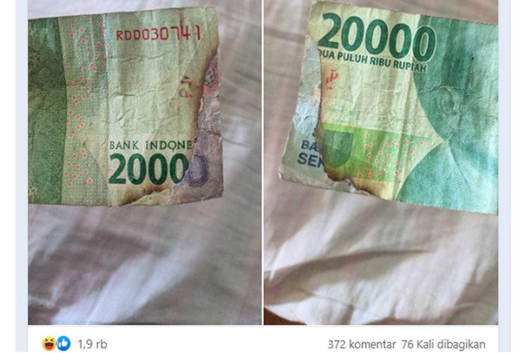 Tangkapan layar unggahan foto uang kertas Rp 20.000 robek pada bagian pinggir kemudian disambung dengan sobekan uang Rp 1.000.