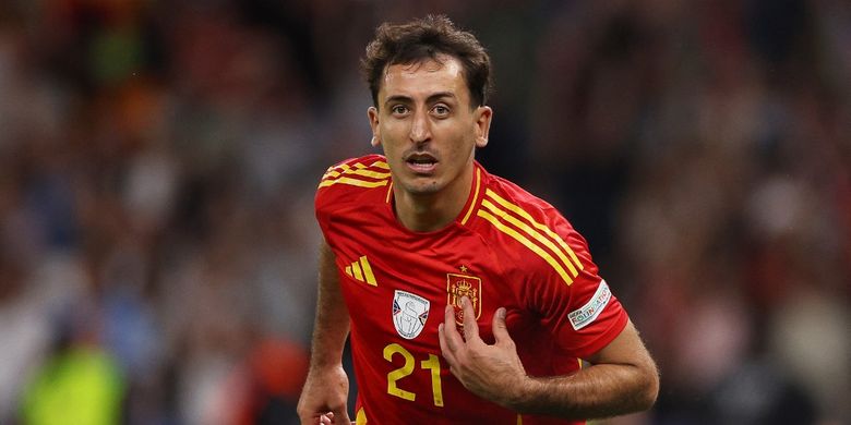 Penyerang Spanyol, Mikel Oyarzabal, merayakan gol ke gawang Inggris. Partai final Piala Eropa 2022 ini bergulir di Olympiastadion, Berlin, Jerman, pada Minggu (14/7/2024) atau Senin (15/7/2024) pukul 02.00 WIB. 