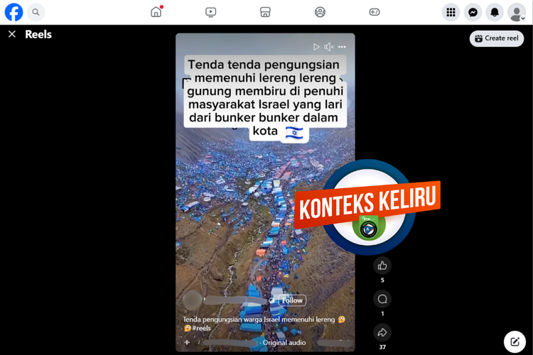 Tangkapan layar konten dengan konteks keliru di sebuah akun Facebook, Sabtu (28/6/2025), mengenai tenda pengungsian warga Israel di lereng gunung.