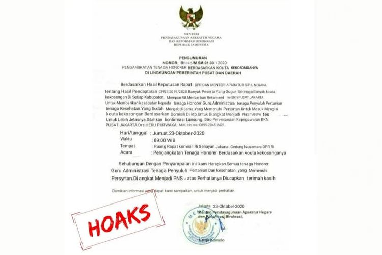 Surat palsu atas nama Menteri PAN RB soal pengangkatan tenaga honorer berdasarkan kuota kosong seleksi CPNS.