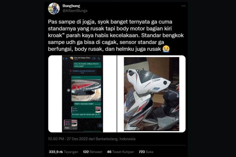 Postingan salah seorang pengguna Twitter yang mengeluhkan motornya rusak setelah dikirim menggunakan jasa J&T Cargo.