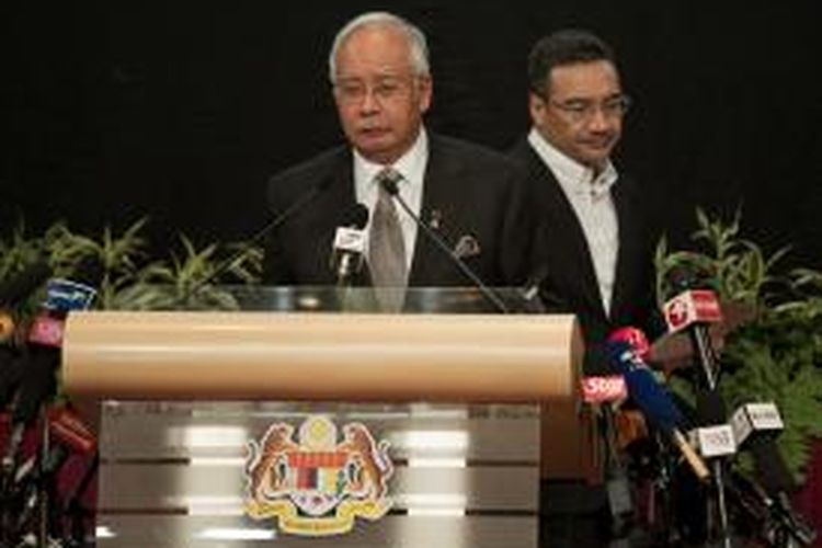 Perdana Menteri Malaysia, Najib Razak saat menyampaikan kabar terbaru terkait pesawat Malaysia Airlines MH370 yang hilang, Senin (24/3/2014).