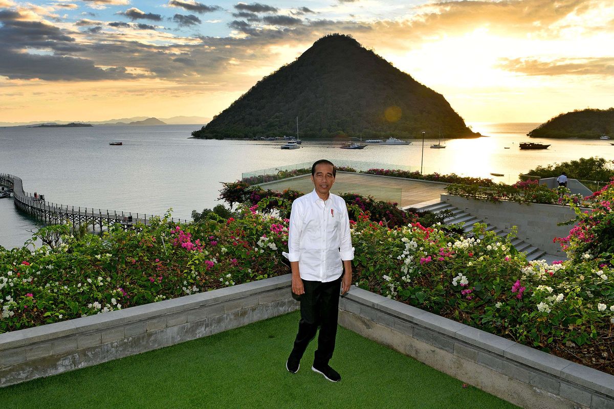 Presiden Joko Widodo berpose dengan latar belakang pemandangan matahari terbenam di Labuan Bajo, Flores, NTT, Rabu (10/7/2019). Investor berharap tim ekonomi Kabinet Kerja II diisi oleh profesional