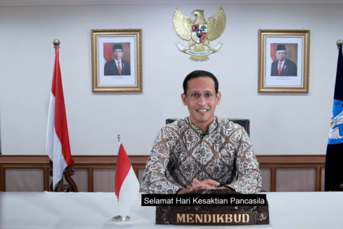 Menteri Kependidikan dan Kebudayaan Nadiem Makarim memberikan pidato dalam rangka memeringati Hari Kesaktian Pancasila lewat siaran langsung TVRI dan kanal YouTube Kemendikbud RI pada Rabu (30/9/2020).