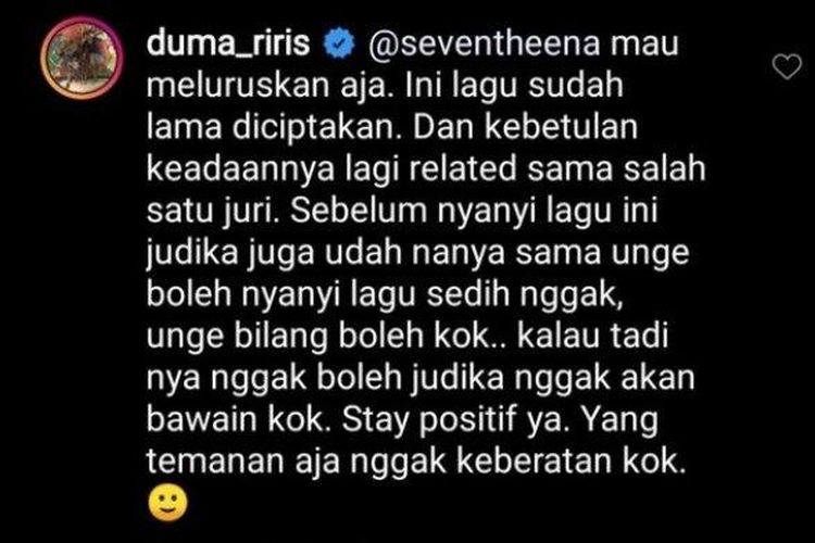 Tangkapan layar komentar istri Judika, Duma Riris, menjawab komentar netizen mengenai lagu baru Judika yang membuat Bunga Citra Lestari (BCL) menangis di Indonesian Idol.