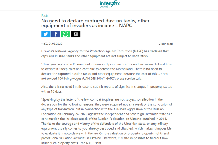 Tangkapan layar laman interfax.com.ua, berisi pernyataan Badan Perlindungan Nasional (NAPC) Ukraina tentang klaim barang bekas militer hasil sitaan.