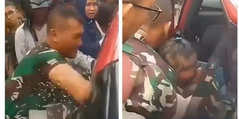 Viral di media sosial video aksi anggota TNI memecahkan kaca mobil untuk menyelamatkan seorang balita yang terjebak di dalamnya. 
