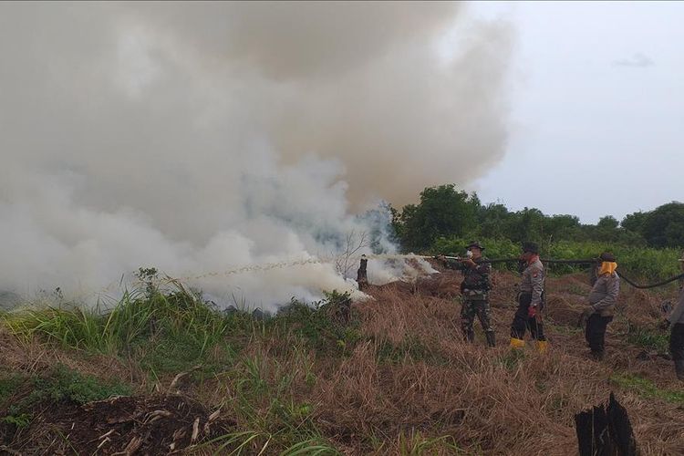 Petugas TNI dan Polri berupaya memadamkan api dengan menggunakan mesin pompa air pada lahan yang terbakar di  Desa Teluk Bano II, Kecamatan Bangko, Rohil, Riau, Rabu (3/7/2019).