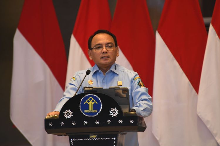 Sekretaris Jenderal (Sekjen) Kemenkumham Komisaris Jenderal (Komjen) Polisi (Pol) Andap Budhi Revianto saat membuka Temu Bisnis Tahap VI, Jakarta, Kamis (03/08/2023).
