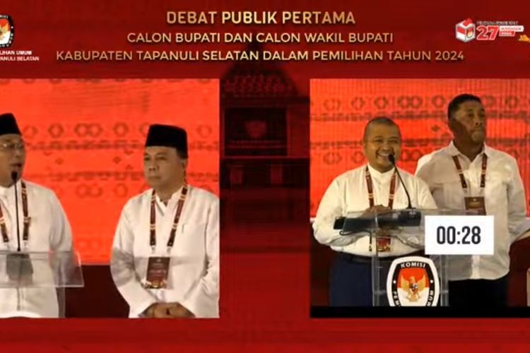Debat publik perdana Pilkada Tapanuli Selatan, yang digelar KPU di Hotel Sapadia, Padanglawas Utara, Senin (4/11/2024). Pilkada Tapsel diikuti dua pasangan calon, dan masing-masing pasangan calon bupati, Gus Irawan Pasaribu merupakan paman dari Dolly Pasaribu..