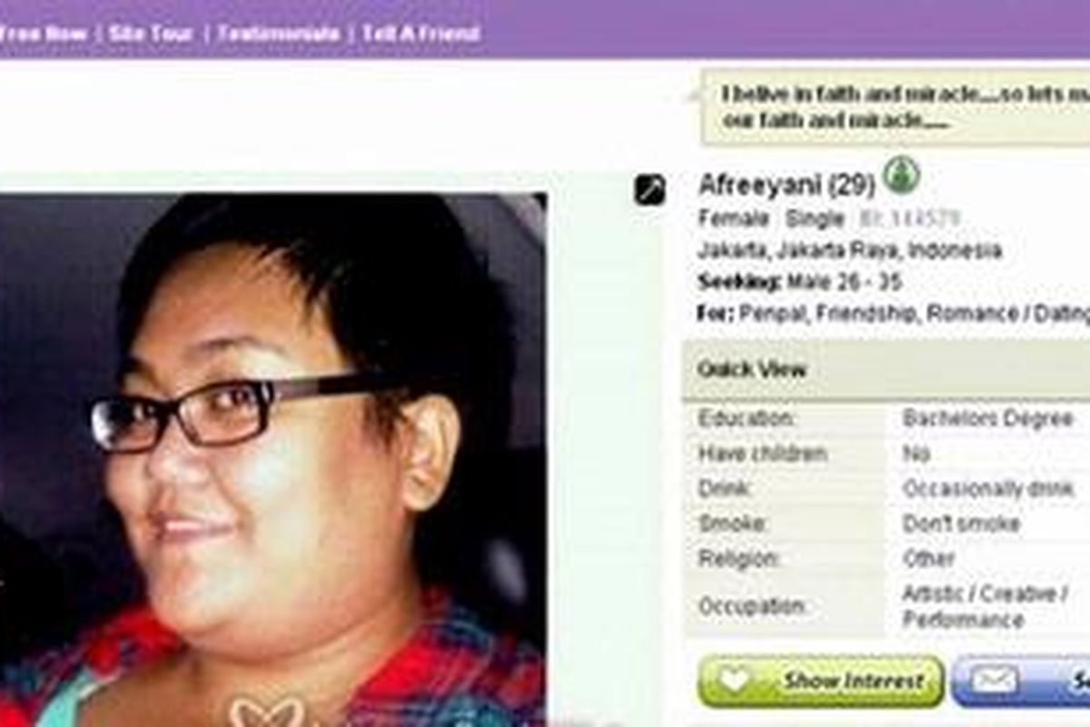 Akun Afreeyani yang diduga kuat dimiliki Afriyani Susanti, di situs kencan dan perjodohan IndonesianCupid.com. 