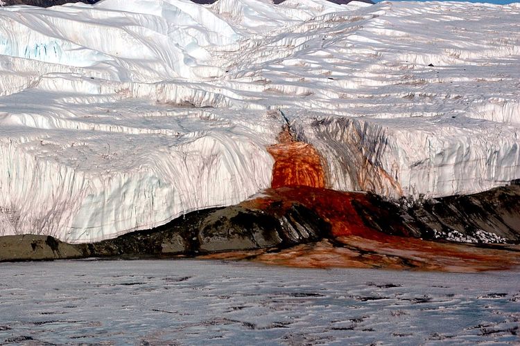 Ilustrasi Air Terjun Darah (Blood Falls) di Antartika. 