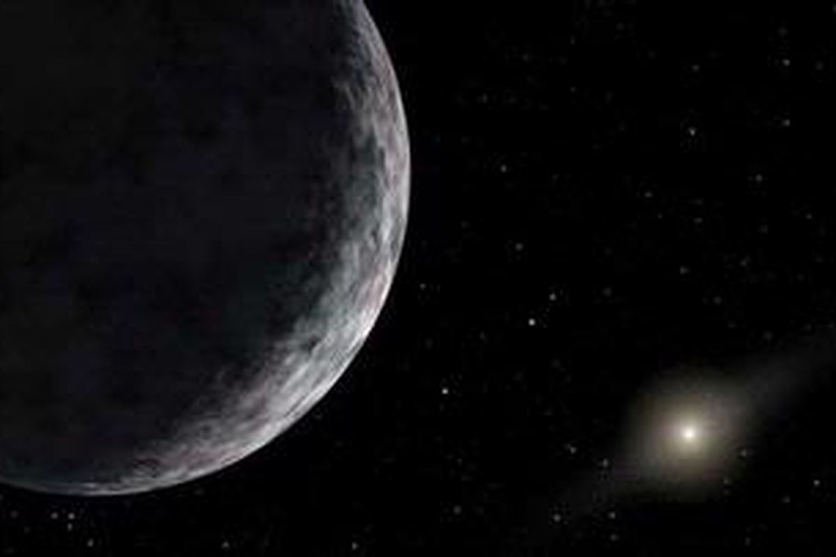 Eris menurut gambaran artis. Cahaya di kejauhan adalah matahari.