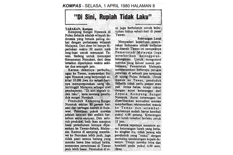 Tangkap layar artikel harian Kompas edisi 1 April 1980 tentang Pulau Sebatik.