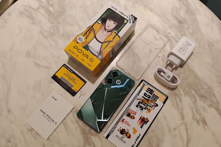 Tampilan isi kotak penjualan Tecno Pova 6. Ponsel ini akan dirilis pada 13 Juni mendatang. 