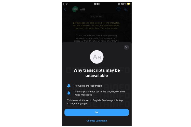 Tangkapan jendela pop-up WhatsApp di iOS berisi informasi fitur Voice Note Transcript.