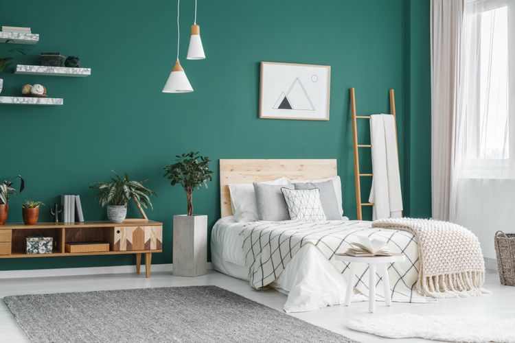 Ilustrasi kamar tidur dengan nuansa hijau.